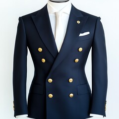 Elegant navy blue double-breasted blazer on a mannequin, white isolated background.