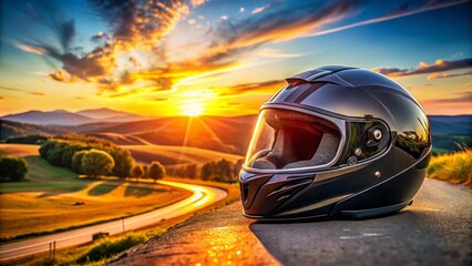 Fototapeta premium Panoramic Black Motorcycle Helmet: Extreme Sports Headgear Safety Gear