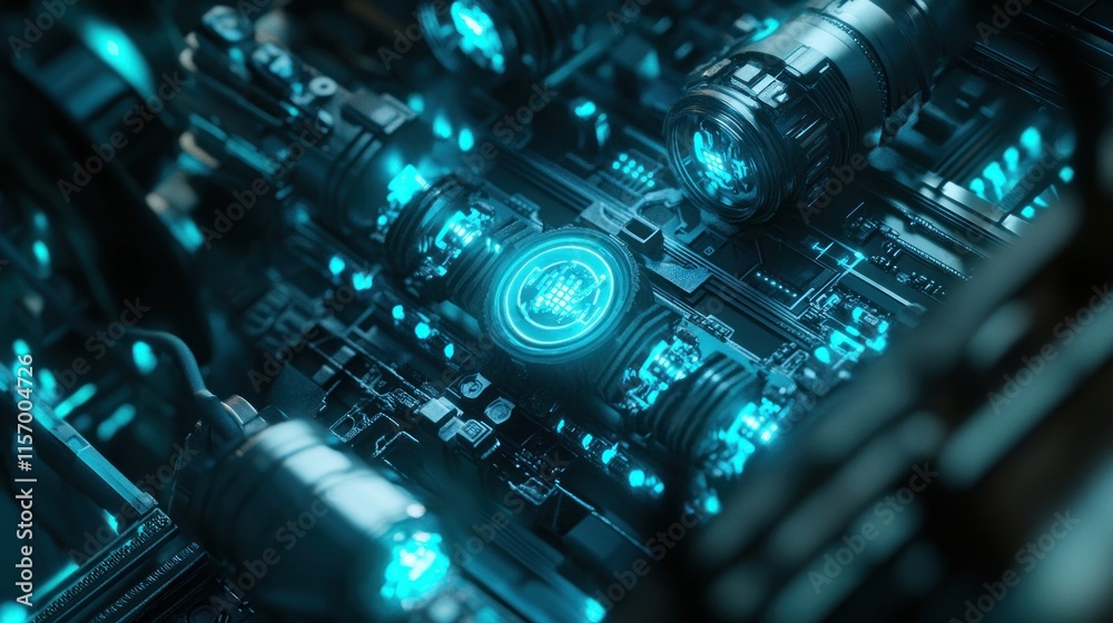 Poster Close-up of a complex futuristic machine with glowing blue circuits and intricate details.