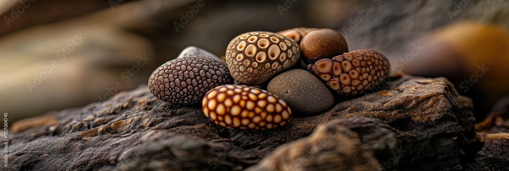 Poster close-up of various textured seashells arranged on dark wood.