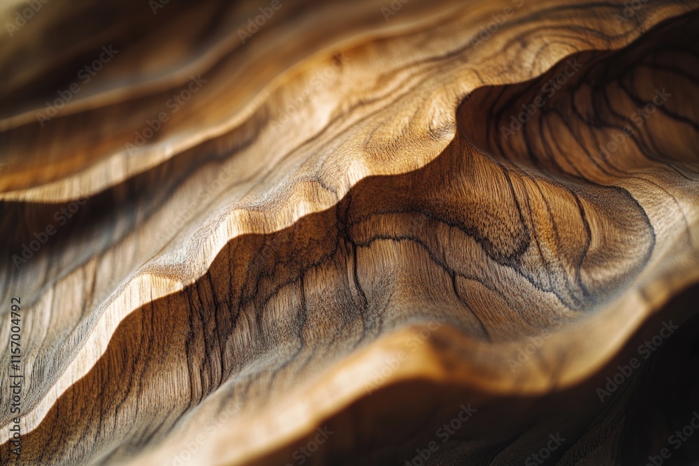 Aufkleber close-up of a richly textured, undulating wooden surface with deep grain lines and subtle color vari