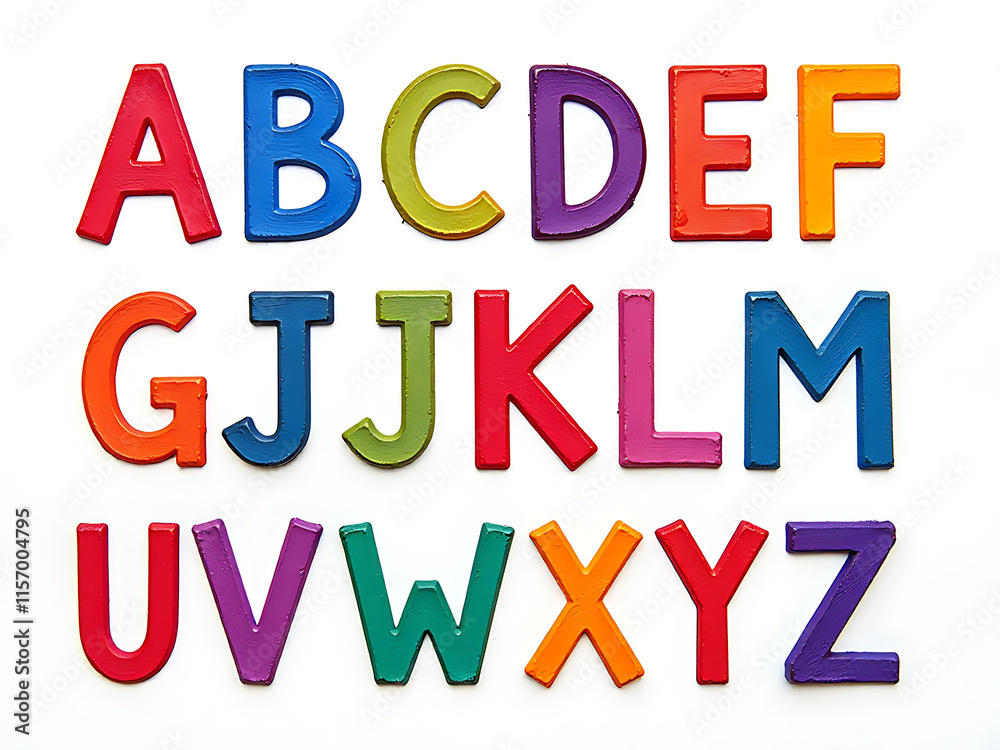 Poster textured alphabet design created with colourful wax crayon strokes on a crisp white background, each