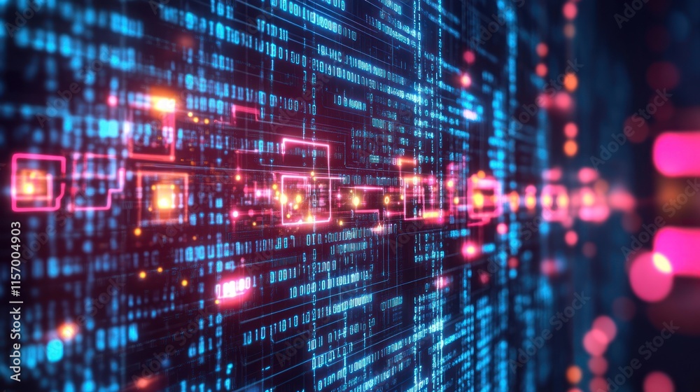 Aufkleber Abstract digital data stream with glowing lines and binary code.