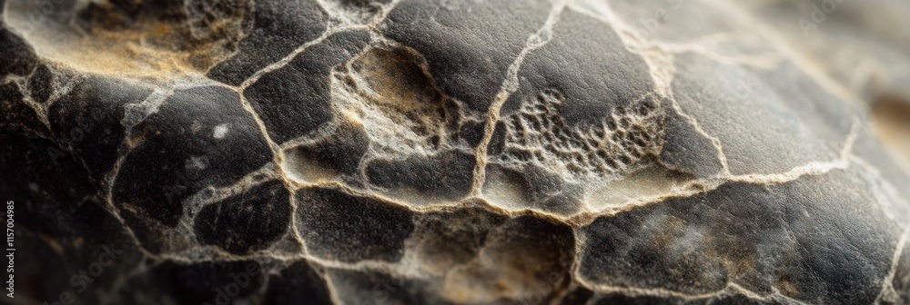 Aufkleber close-up of a dark gray stone with a cracked and textured surface, showing intricate details of its 