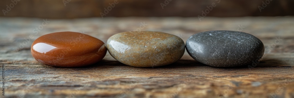 Poster Three smooth stones of different colors and textures arranged in a row on rustic wood.