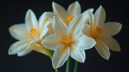 Four creamy white flowers with orange centers against a dark background.