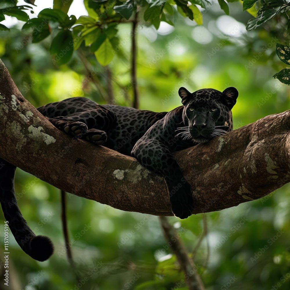 Aufkleber black panther resting on a tree branch in a lush green rainforest.