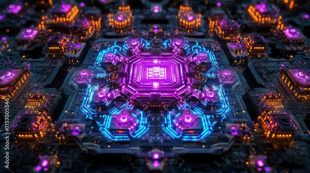 Poster Abstract digital circuit board with glowing neon lights forming a symmetrical mandala-like pattern.