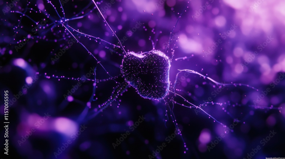 Poster Microscopic view of a neuron cell with purple glowing synapses and dendrites.