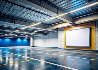 Panoramic Empty Indoor Parking Garage with Blank White Billboard - Advertising Space