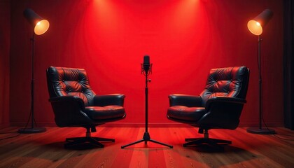 Studio setup with two black leather armchairs and microphone, illuminated by studio lamps against a red wall, perfect for podcasting or interviews.