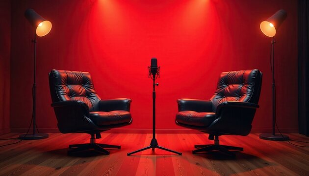 Studio setup with two black leather armchairs and microphone, illuminated by studio lamps against a red wall, perfect for podcasting or interviews.