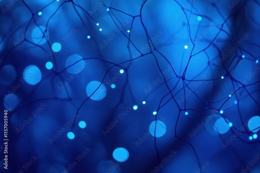 Poster Abstract blue network with glowing nodes and blurred bokeh background.