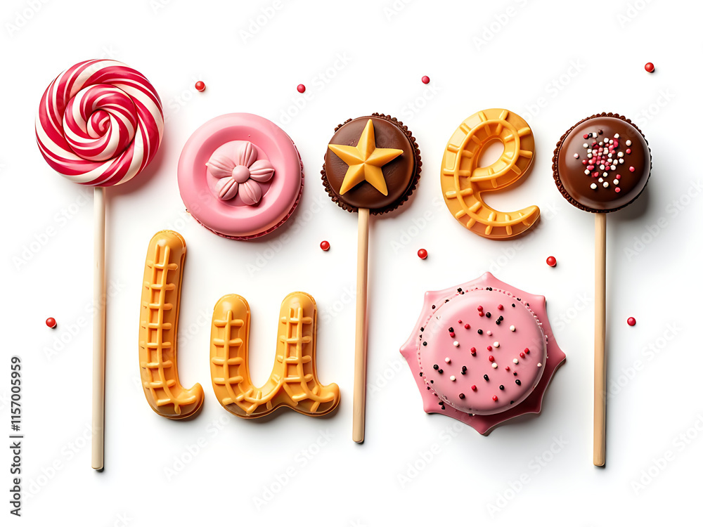 Poster text made of sweets such as lollipops waffles chocolates macarons and biscuits is isolated on a whit