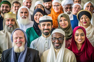 Group of people celebrating religious diversity and cultural harmony with religious background
