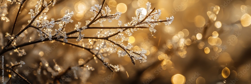 Aufkleber frost-covered branches against a blurred bokeh background of golden light.