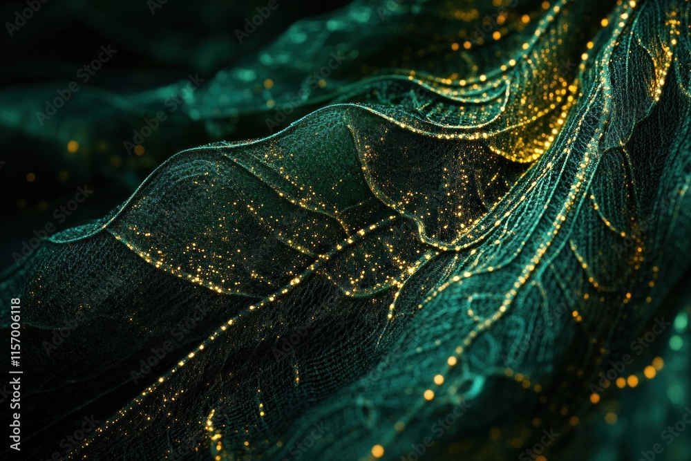 Poster close-up of dark teal fabric with gold glitter detailing, creating a luxurious and textured surface.