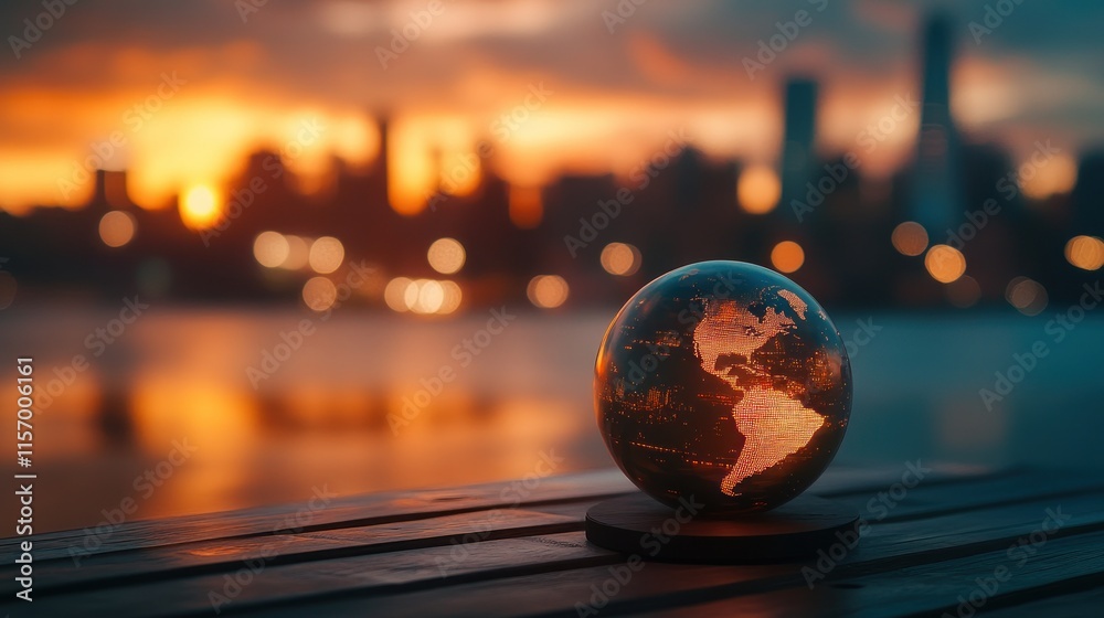 Aufkleber illuminated globe at sunset with city skyline backdrop.