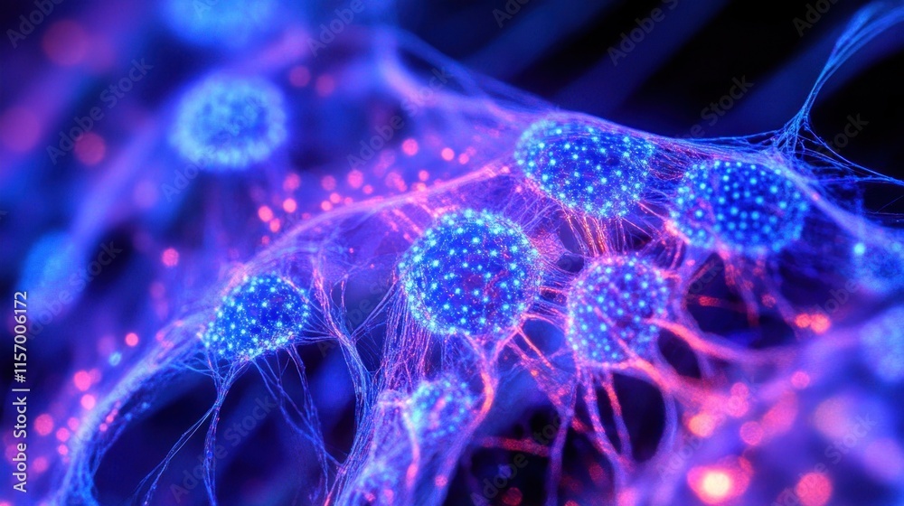 Poster microscopic view of glowing blue cells connected by a network of pink fibers.
