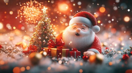 Fototapeta premium Festive christmas scene with santa figurine by decorated tree and gifts. Merry Christmas. Happy New Year