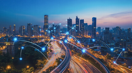 Fototapeta premium Smart digital Innovation city with connection network reciprocity over the cityscape. of future smart wireless digital city and social media networking systems that connects people with in city