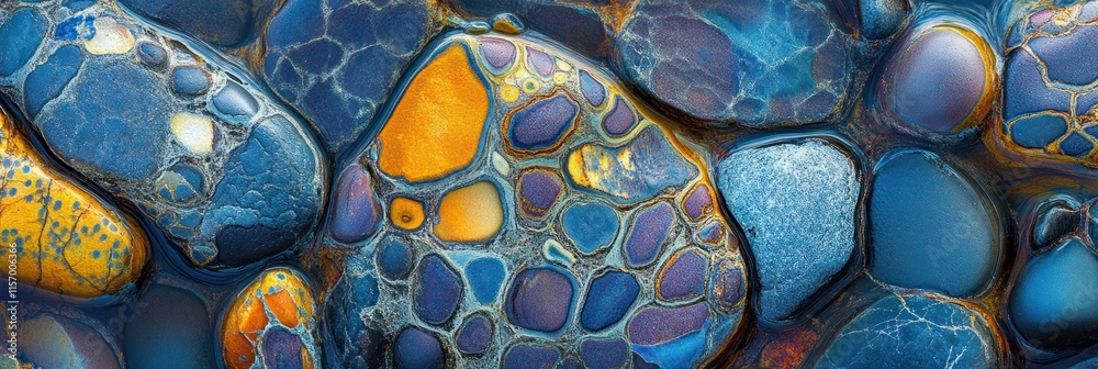 Poster Close-up of colorful, patterned, smooth stones; abstract texture.