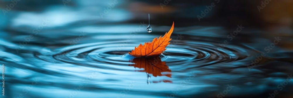 Poster autumn leaf floats on water, a drop falls, creating ripples.
