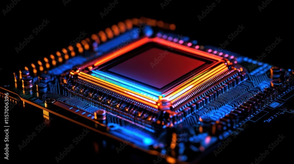 Poster Close-up of a vibrant, illuminated computer image sensor on a circuit board.