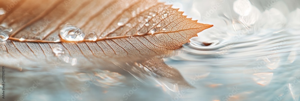 Poster close-up of a translucent leaf with water droplets on it, floating on water.