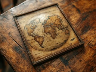 Vintage globe on wooden table in rustic library setting for education and travel inspiration