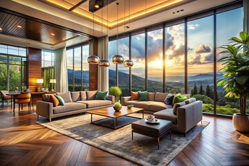 Fototapeta premium Panoramic Luxury Living Room: Floor-to-Ceiling Windows, Modern Design, Sunlight Streaming