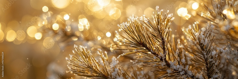 Poster close-up of frost-covered pine needles with blurred golden bokeh background.
