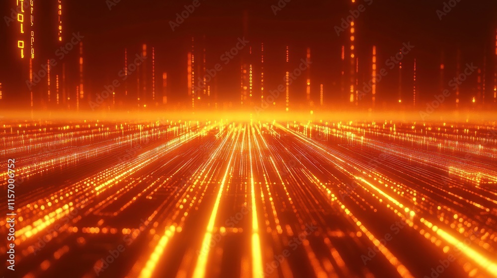 Aufkleber Abstract digital landscape with glowing orange lines and data streams.