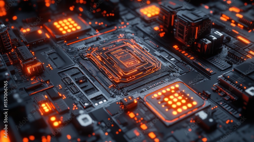 Aufkleber close-up of a glowing orange central processing unit (cpu) on a dark circuit board.