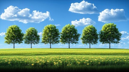 Fototapeta premium Five lush green trees line a yellow flower field under a bright blue sky.