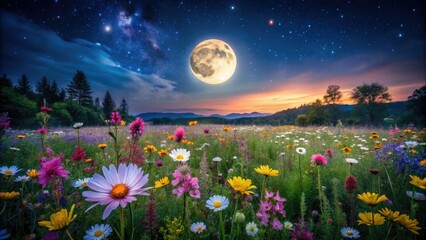 Fototapeta premium Moonlight bathes a meadow in bloom, stars twinkle, a full moon glows in the night sky.