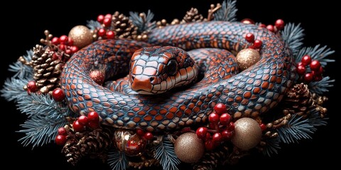 Fototapeta premium Snake wreath vibrant scales, pine cones, berries festive symbolism, New Year 2025 symbol