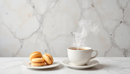 Hot coffee cup with steaming mug and macarons on white marble background, cozy dessert experience, copy space,  International Women's Day March 8