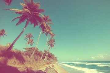 Obraz premium Tropical sandy beach with palm trees, vintage-toned and enhanced with film distress and flare