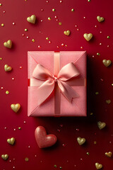 Fototapeta premium Elegant gift box wrapped in pink paper with a satin ribbon, surrounded by golden hearts and small heart-shaped confetti on a red background. Perfect for Valentine's Day or romantic occasions
