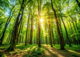 Obraz premium Panoramic Spring Forest: Lush Green Deciduous Trees Bathed in Sunlight