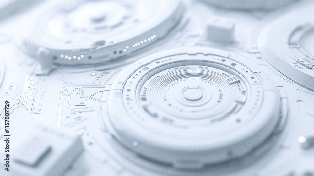 Poster Abstract white technological background with circular elements and lines.