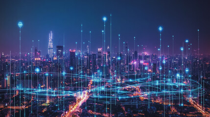 Fototapeta premium Smart digital Innovation city with connection network reciprocity over the cityscape. of future smart wireless digital city and social media networking systems that connects people with in city