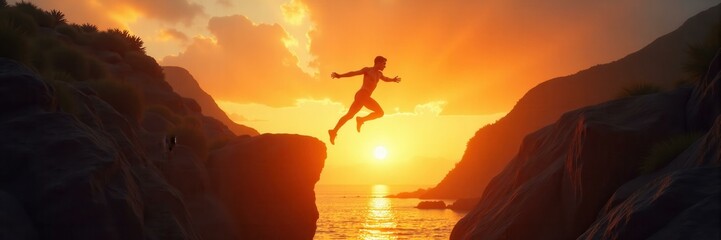 Silhouette of a man jumping between cliffs at sunset, showcasing determination and adventure, with a warm golden hour light over the sea.