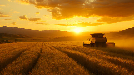 Fototapeta premium Golden sunset over a vast wheat field, a combine harvester working diligently during the harvest season. Beautiful rural landscape.