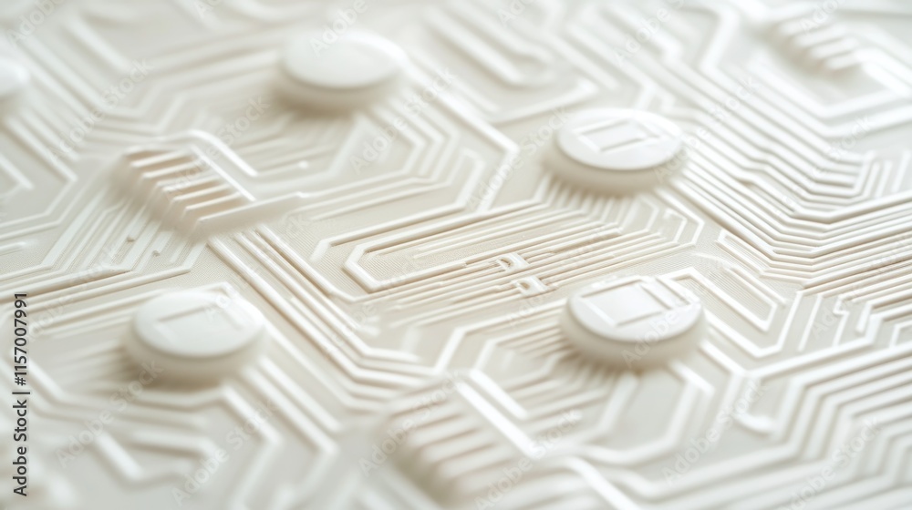 Poster close-up of white pills arranged on a circuit board, representing technological advancements in medi