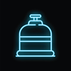 Glowing neon line camping gas cylinder icon isolated on black background. Vector