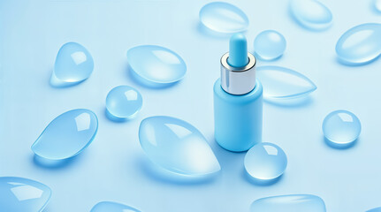 Anti-Aging Cosmetic Product Ad with Hyaluronic Acid Serum.  Cosmetic Bottle Mockup with Serum Drops.  Skincare and Hydration Concept on Blue Background.