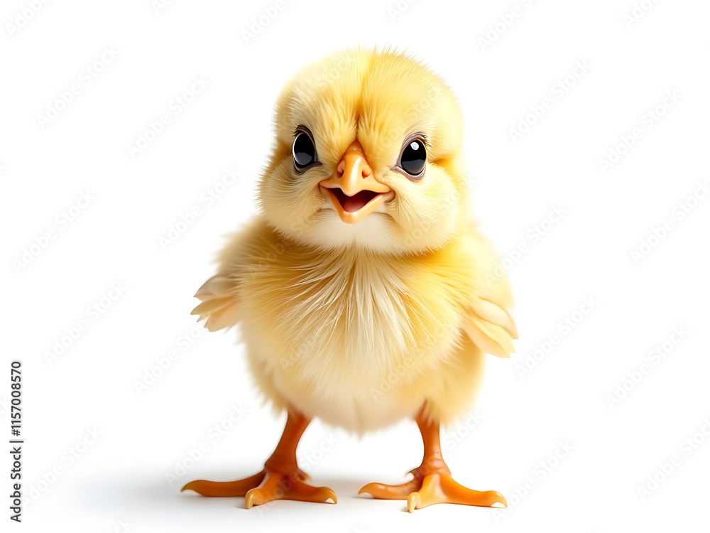 Poster surprised little chick looks up at camera with huge eyes in a funny and isolated portrait on white b