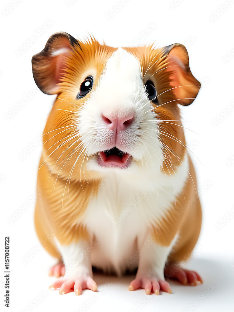 Poster surprised guinea pig looks up at camera with huge expressive eyes isolated against a plain white bac